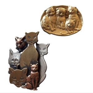 Two Vintage Cat Brooches Silver & Gold Tone K & Y